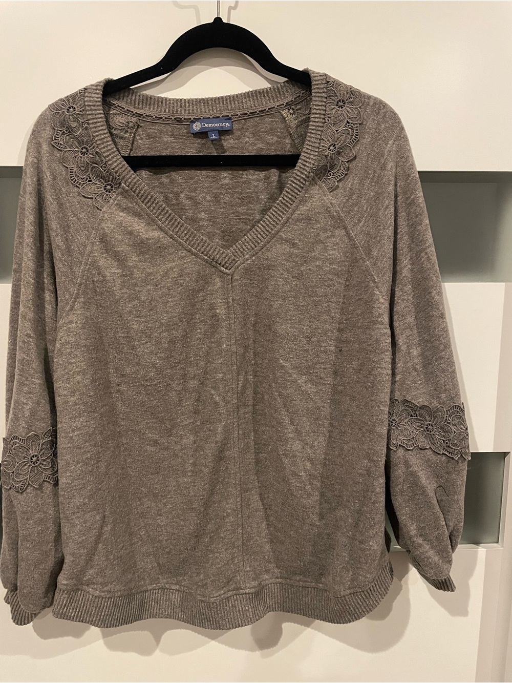 Democracy Women's Long Sleeve V-Neck Sweater with Lace Gray Large